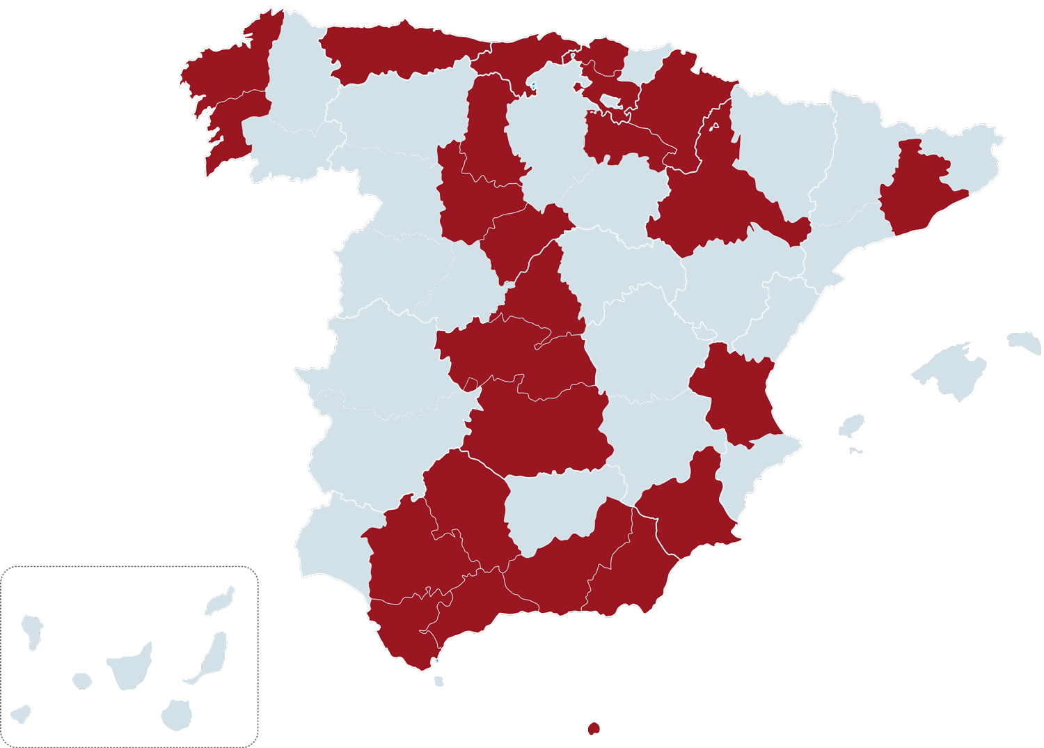 Mapa de España con las provincias en las que la Fundación tiene delegaciones.